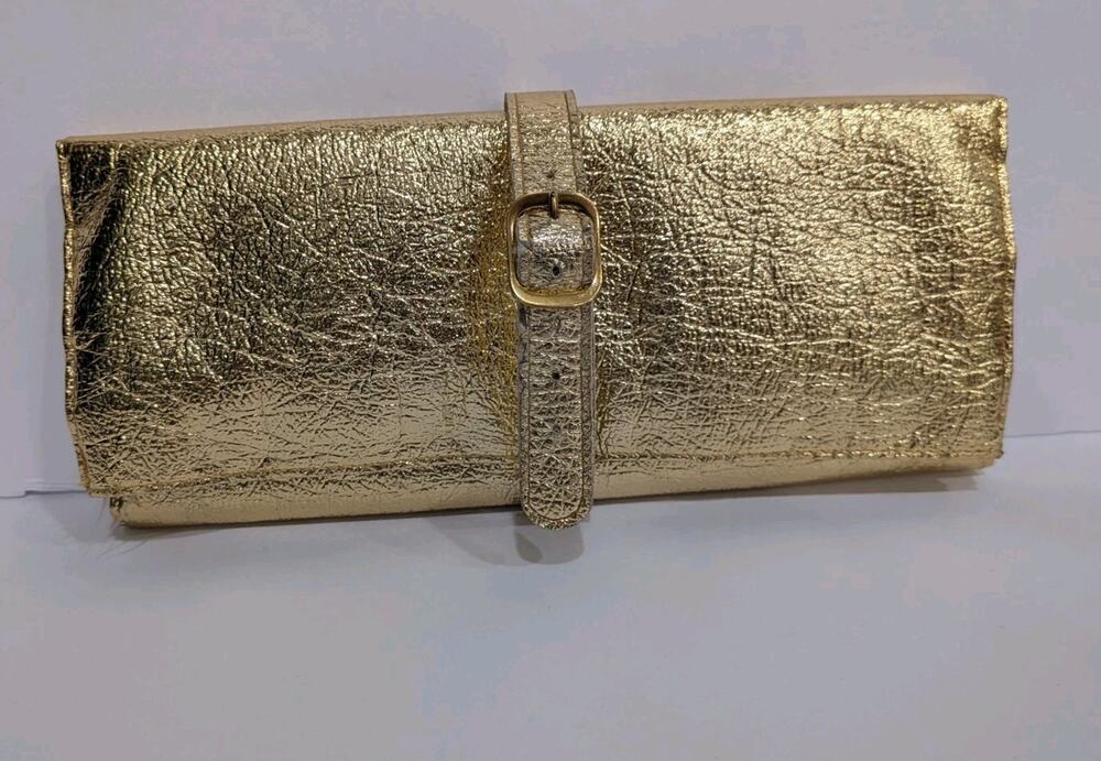 Vintage Metallic Gold Jewelry Roll Up Travel Case Hollywood Regency Glam